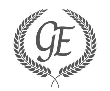 Baş harf G ve E, GE monogram logo tasarımı defne çelengi. Kaligrafi yazı tipli lüks amblem.