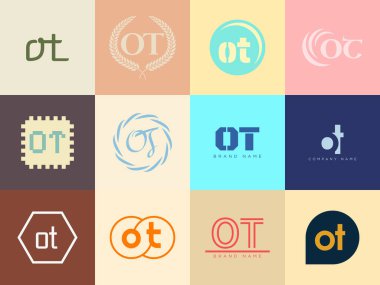 OT logo şirketi şablonu. Mektup O ve Logotype. Tasarım elemanları ile farklı klasik serif harfleri ve modern kalın metin ayarla. İlk yazı tipi tipografisi. Koleksiyon trend iş kimliği.