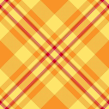 Piknik örtüsü, ekoseli kumaş, ticari vektör kontrolü. Kartpostal deseni kumaş desenli sarı ve turuncu renk paleti.