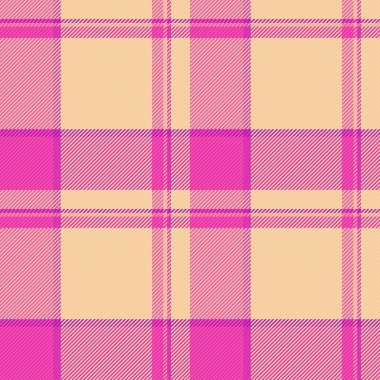 Sakin desenli tekstil ekose, uçsuz bucaksız kumaş dikişsiz tartan. Turuncu ve pembe renk paletinde düzenli kumaş arka plan vektörünü kontrol et.