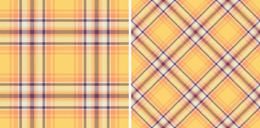 Güneşli ekose desenli, yumuşak turuncu ve mor aksanlı, sıcak sarı renkli, klasik bir tartan dizaynının iki farklı düzenini içeriyor. Arkaplan veya tekstil için ideal.