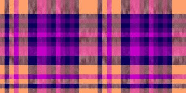 Üniforma vektör arkaplan tartan, folklor desenli ekosesiz. 70 'lerin tekstil kumaş deseni mor ve turuncu renk paletini kontrol et.