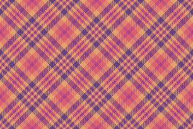 Doğum günü şablonu taraması, ekose kumaş. Turuncu ve mor renk paleti ile günlük dokusu kusursuz vektör tekstili.