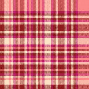 Tişört dokusu kontrol kumaşı, fikir tekstil tartan vektörü. İnternet ekoseli arka plan deseni kırmızı ve pembe renk paletinde pürüzsüz.