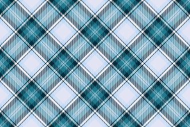 Reklam kumaşı pürüzsüz arka plan, birincil ekose doku kalıbı. Renkli tartan beyaz ve cyan renk paletinde tekstil vektörünü kontrol et.