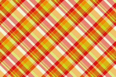 Kumaş dokusunu kusursuz yap, vektör taraması yap. Turuncu ve kırmızı renk paletiyle düz tartan tekstil ekoseli desen.