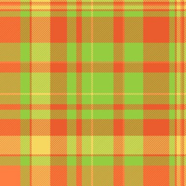 Tartan kumaş desenini kapat. Sonsuz kusursuz vektör tekstili. Turuncu ve yeşil renk paleti ile ticari arka plan ekoseli kontrol dokusu.