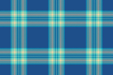 Gerçek dikişsiz kumaş, arka plan tekstilini kontrol et. Mavi ve gök mavisi renk paletinde renkli ekose desenli vektör dokusu.
