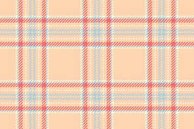 Konforlu tekstil, kadınların moda dokusu kusursuz vektör. Arkaplan kumaş ekoseli turuncu ve açık renk paleti işaretlendi.