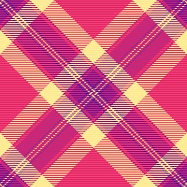 Tazılar, tartan kumaş dokusunu kontrol ediyor. Kırmızı ve pembe renk paletinde uzun vektör ekosesiz tekstil.
