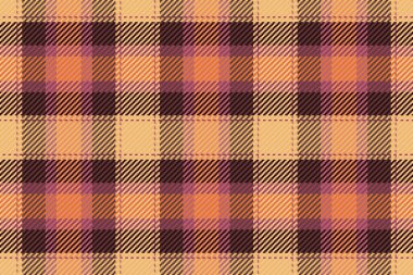 Davetiye dokusu arka plan vektörü, ekose tekstil kontrolü. Turuncu ve kırmızı renk paletinde etnikesiz kumaş desenli tartan..
