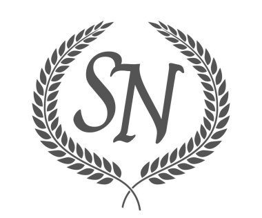 S ve N harfleri, defne çelenkli SN monogram logo tasarımı. Kaligrafi yazı tipli lüks amblem.