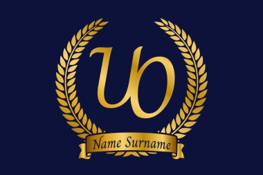İlk harf U ve O, UO monogram logo tasarımı defne çelengi. Kaligrafi yazı tipli lüks altın amblem.