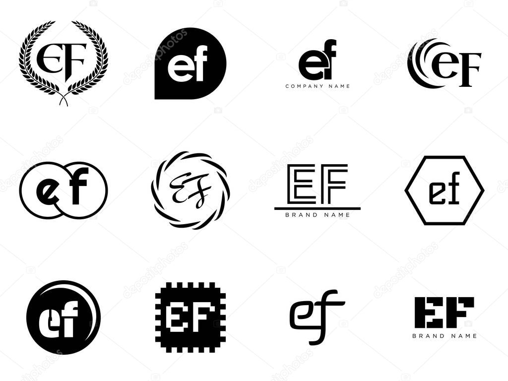 EF logo company template. Letter e and f logotype. Set different classic serif lettering and modern bold text with design elements. Initial font typography. Collection trendy business identity.