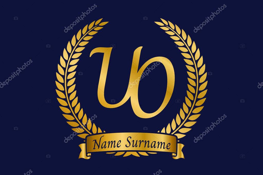 Initial letter U and O, UO monogram logo design with laurel wreath. Luxury golden emblem with calligraphy font.