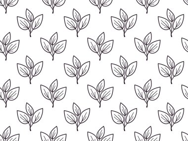 Minimalist el yapımı yaprakların zarif, pürüzsüz deseni. Tekstil tasarımı, duvar kağıtları, ambalaj ve web sitesi geçmişi için mükemmel. Büyümenin, doğanın ve tazeliğin sembolü..