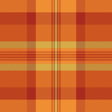 Yorgan tartan desenini kontrol et, sakin doku dikişsiz tekstil. Tweed kumaş ekose vektör arkaplanı turuncu ve kırmızı renk paleti.