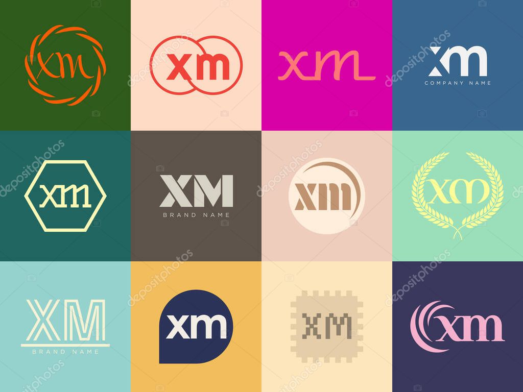 XM logo company template. Letter x and m logotype. Set different classic serif lettering and modern bold text with design elements. Initial font typography. Collection trendy business identity.