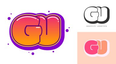 Festival ya da parti için GU logo tasarımı. Graffiti tarzında G ve U harfleri. Yazı tipi tipografisinin yaratıcı modern harfleri. Modayı takip eden logotlar ya da kimlikler. Vektör illüstrasyonu.