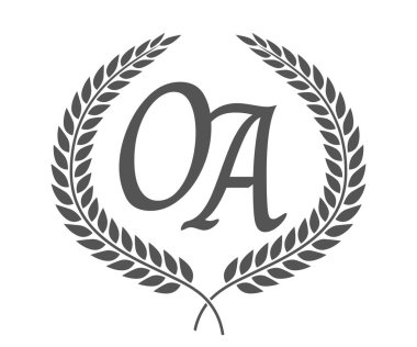 İlk harf O ve A, defne çelenkli OA monogram logo tasarımı. Kaligrafi yazı tipli lüks amblem.