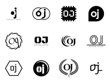 OJ logo şirketi şablonu. O ve J harfleri logoti. Tasarım elemanları ile farklı klasik serif harfleri ve modern kalın metin ayarla. İlk yazı tipi tipografisi. Koleksiyon trend iş kimliği.