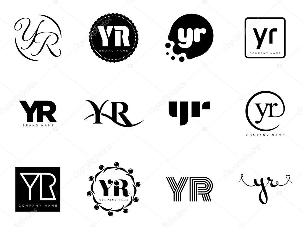 YR logo company template. Letter y and r logotype. Set different classic serif lettering and modern bold text with design elements. Initial font typography. Collection trendy business identity.