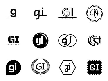 GI logo şirketi şablonu. G harfi ve ben logoti. Tasarım elemanları ile farklı klasik serif harfleri ve modern kalın metin ayarla. İlk yazı tipi tipografisi. Koleksiyon trend iş kimliği.