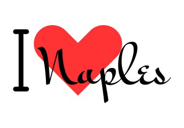 Napoli 'yi seviyorum, İtalya' yı. Kırmızı kalpli el yazısıyla yazılmış mektuplar. Vektör illüstrasyon harfleri, yazdırma tişörtü, afiş, poster, etiket veya etiket için modern tasarım.