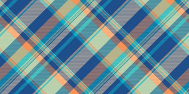 Dinamik, desenli bir tartan deseni. Mavi, deniz mavisi, turuncu ve bej renkleri canlı, modern bir tasarım yaratır. Arkaplan, tekstil veya dijital sanat için ideal.