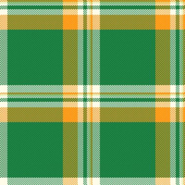 Kusursuz damalı desen. Geleneksel ekoseli yeşil, sarı ve beyaz. Tekstil tasarımı, dekorasyon veya arka planlar için kumaş dokusu. İrlanda tarzı.