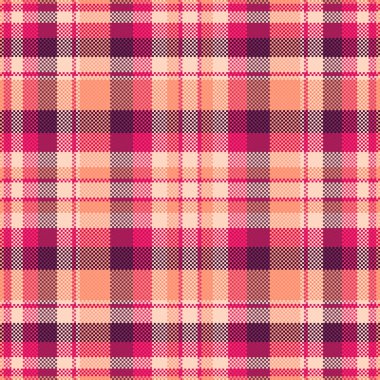 Canlı pikselleştirilmiş tartan deseni. Klasik bir tasarım üzerine modern bir bakış açısı, arka plan, tekstil ve dijital sanat için mükemmel. Sıcaklık ve geriye dönük bir dokunuş ekler.