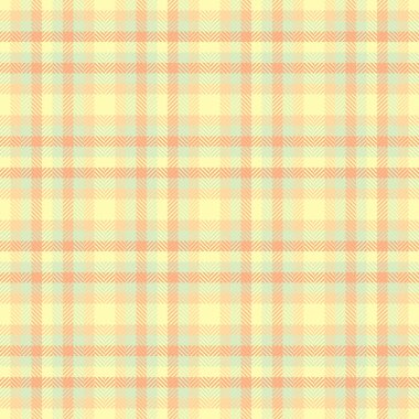 Pijama ekose tekstil dikişsiz, periyodik doku kontrolü. Açık ve turuncu renk paletinde tartan desenli arkaplan kumaşı çiziliyor.