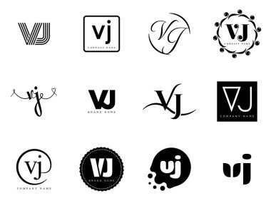 VJ logo company template. Letter v and j logotype. Set different classic serif lettering and modern bold text with design elements. Initial font typography. Collection trendy business identity.