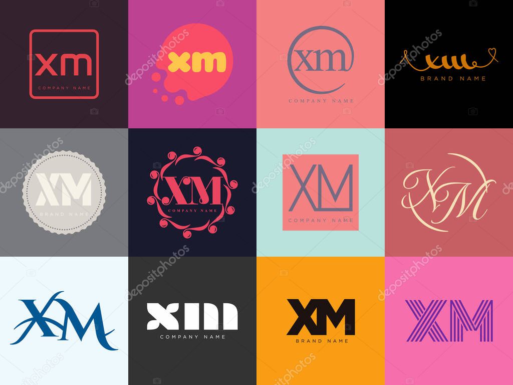XM logo company template. Letter x and m logotype. Set different classic serif lettering and modern bold text with design elements. Initial font typography. Collection trendy business identity.