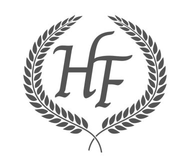 İlk harf H ve F, defne çelenkli HF monogram logo tasarımı. Kaligrafi yazı tipli lüks amblem.