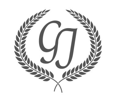 G ve J harfleri, defne çelenkli GJ monogram logo tasarımı. Kaligrafi yazı tipli lüks amblem.