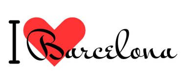 İspanya 'nın Barselona şehrini seviyorum. Kırmızı kalpli el yazısıyla yazılmış mektuplar. Vektör illüstrasyon harfleri, yazdırma tişörtü, afiş, poster, etiket veya etiket için modern tasarım.