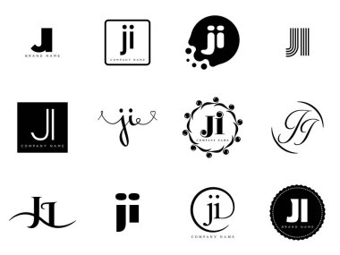 JI logo şirketi şablonu. J harfi ve ben logoti. Tasarım elemanları ile farklı klasik serif harfleri ve modern kalın metin ayarla. İlk yazı tipi tipografisi. Koleksiyon trend iş kimliği.