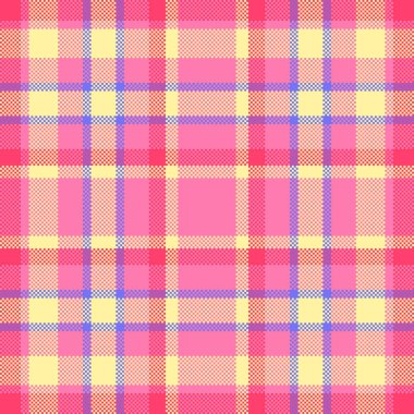 Pembe, sarı ve mavi renkli canlı pikselli tartan deseni. Geçmişler, tekstil veya soyut tasarım projeleri için uygun bir geçmişe dönük dijital tarz hissi uyandırır.