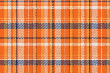 Olay tartan kumaş dokusu, kürklü şablon kontrolü. Turuncu ve beyaz renk paletinde masa örtüsüz kumaş vektör ekoseli.