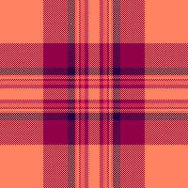 Salon desenli arka plan kumaşı, kız işi vektör tartan dokusu. Düzenli ekoseli, kırmızı ve pembe renk paletinde tekstil denetimi.