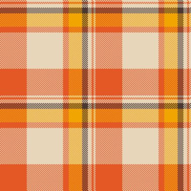 Sıcak renkli ekose desenli. Turuncu, sarı ve nötr tonlu tekstil arka planı. Tasarım, giysi, arka plan, el sanatları, sonbahar temaları için kullan.