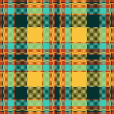 Sıcak ve serin tonlar içeren canlı pikselli tartan deseni. Miras, doku ve rahat bir ortam yaratıyor. Tekstil, geçmiş ve tasarım projeleri için uygundur.