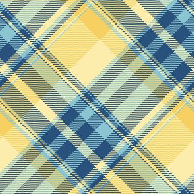 Detaylı tartan desenli arka plan, mavi ve sarı renklerde kusursuz ekose desenli. Moda ve dekorasyon için tekstil dokusu. Tasarımlar için çok yönlü arkaplan.