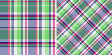 Canlı ekose desenler. Klasik köşegen tekstil tasarımları. İçinde yeşil, mavi, pembe ve beyaz renkler var. Arkaplan, moda projeleri ya da grafik tasarımı için mükemmel.