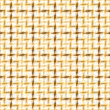 Twill tekstil tartan kontrolü, gingham arkaplan kumaş vektörü. Sabit ekose desen dokusu beyaz ve kehribar renk paletinde pürüzsüz.