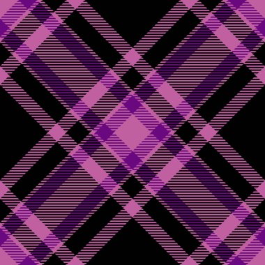 Karnaval tekniksiz kumaş, olgun vektör ekoseli arka plan. Siyah ve pembe renk paletinde İspanyol tartan desenini kontrol et.