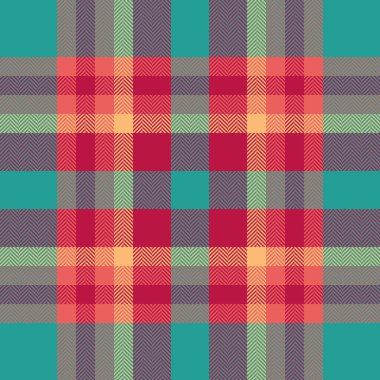 Tekstil ekoseli kumaş ve kumaş dokusunu kontrol et. Kırmızı ve gök mavisi renk paletinde satır vektör tartan desen arkaplanı.