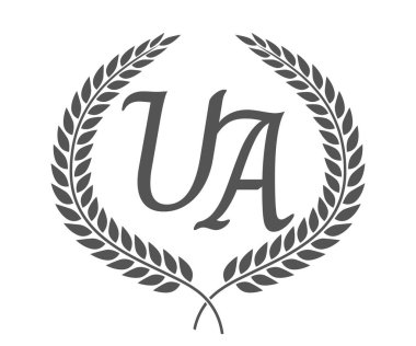 İlk harf U ve A, defne çelenkli UA monogram logo tasarımı. Kaligrafi yazı tipli lüks amblem.