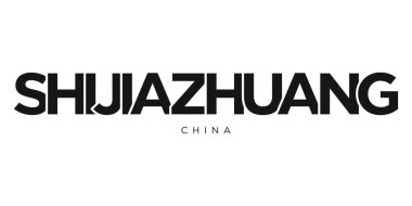 Çin amblemindeki Shijiazhuang yazıları ve internet için. Tasarım, modern yazı tipinde cesur tipografiye sahip geometrik stil, vektör illüstrasyonuna sahiptir. Beyaz arkaplanda izole edilmiş grafiksel slogan harfleri.